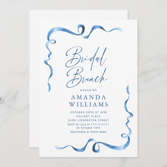 Simple Modern Blue Hand Drawn Bow Bridal Shower Invitation (Front/Back)