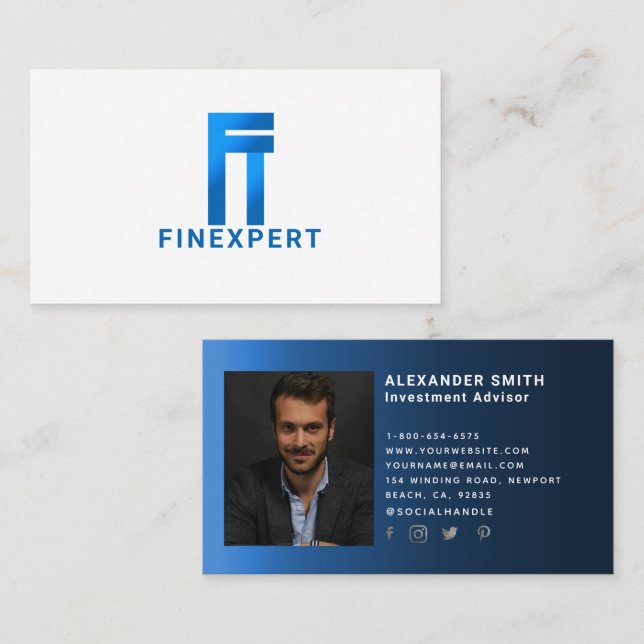 Simple Modern Blue Logo Finance Professional Photo Business Card (Front/Back)