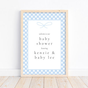 Simple Modern Blue Plaid Bow Baby Shower Welcome Poster