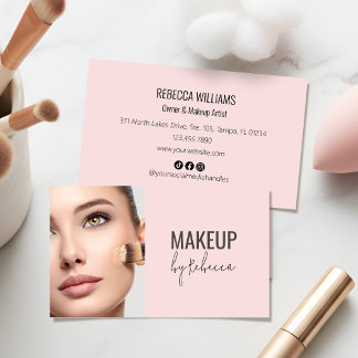 Simple Modern Blush Pink Black Script Photo Makeup Business Card
