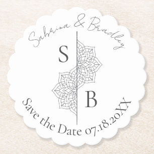 Simple Modern Boho Monogram Mandala Wedding Paper Coaster