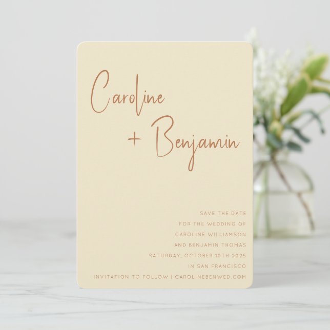 Simple Modern Boho Terracotta Cream Script Wedding Save The Date (Standing Front)