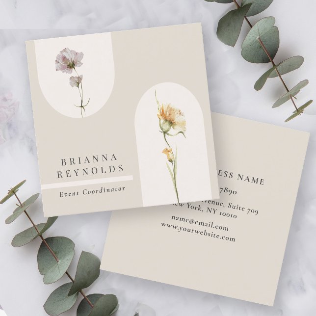 Simple Modern Boho Wildflowers on Neutral Beige Square Business Card (Creator Uploaded)