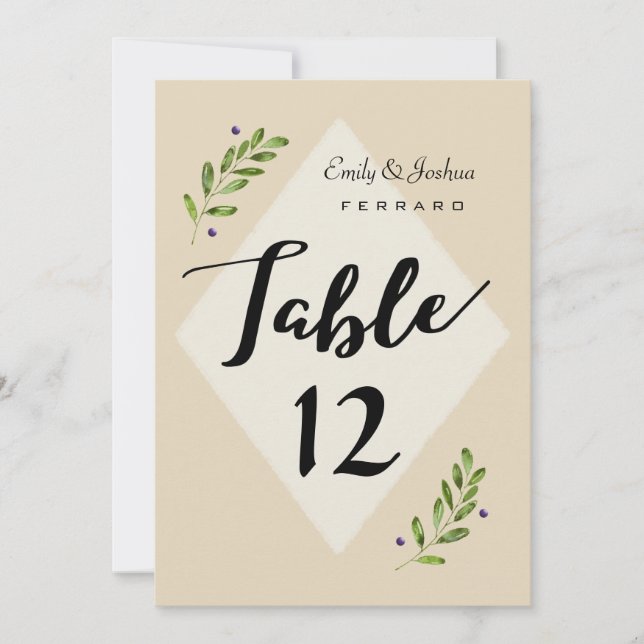 Simple Modern Botanical Wedding Table Number Card (Front)