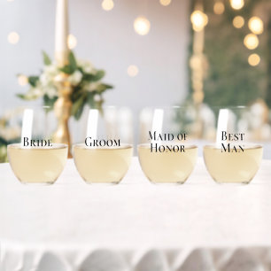 Simple Modern Bride Groom Maid of Honour Best Man Stemless Wine Glass