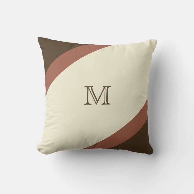 Simple Modern Brown and Tan Striped Monogram Cushion (Front)