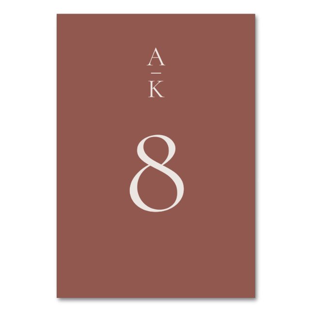 Simple Modern Brown Monogram Mix Match Wedding Table Number (Front)