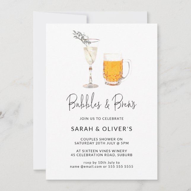 Simple Modern Bubbles & Brews Couples Shower  Invitation (Front)