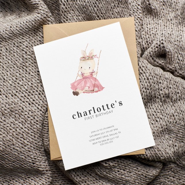 Simple Modern Bunny Baby Girl 1st Birthday Invitation (Creator Uploaded)