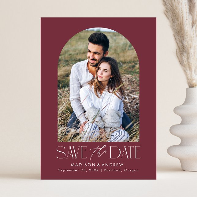 Simple Modern Burgundy Arch Photo Save The Date (Creator Uploaded)