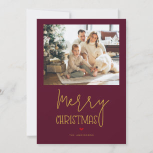 Simple Modern Burgundy Gold Merry Christmas Photo Holiday Card