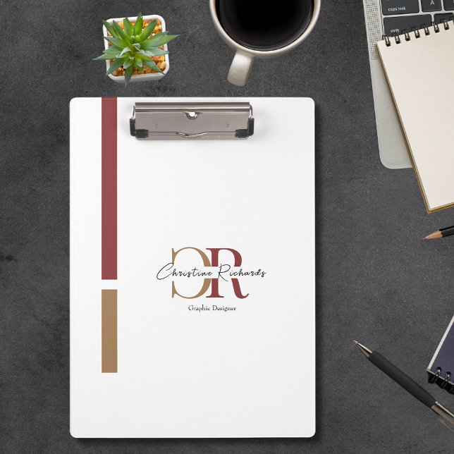 Simple Modern Burgundy Gold Monogram Clipboard (Creator Uploaded)
