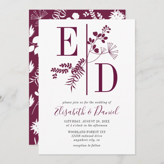 Simple Modern Burgundy Initials Wedding Invitation (Front/Back)
