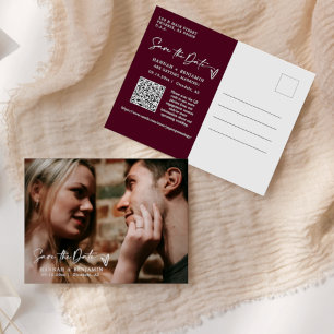 Simple Modern Burgundy Save the Date QR Code Photo Postcard