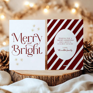 Simple Modern Burgundy Stripes Merry and Bright Holiday Card