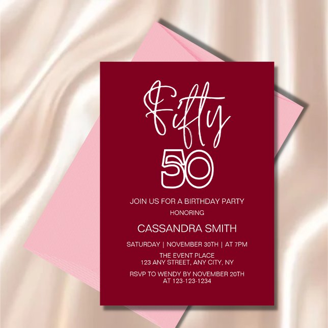 Simple Modern Burgundy Typography 50th Birthday Invitation (Creator Uploaded)