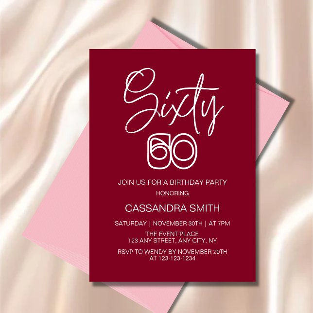 Simple Modern Burgundy Typography 60th Birthday Invitation (Creator Uploaded)