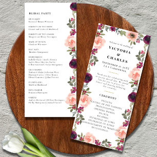 Simple Modern Burgundy Watercolor Floral Wedding Programme