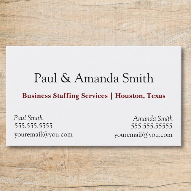 Simple Modern Business Card With 2 Names & Contact (business card with slot for two names professional black and white with maroon text, two contacts)