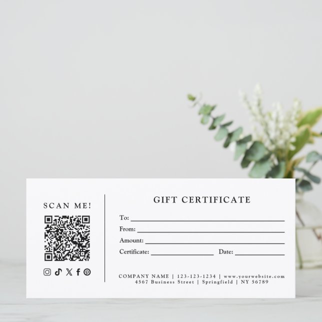 Simple Modern Business QR Code Gift Certificate (Standing Front)