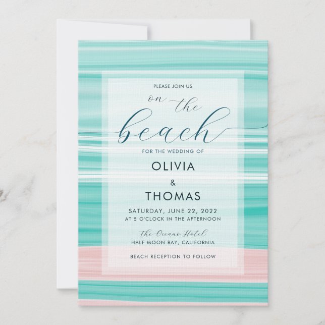 Simple Modern Calligraphy Aqua Pink Ocean Wedding Invitation (Front)