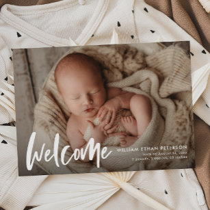Simple Modern Calligraphy Baby Three Photo Birth Announcement