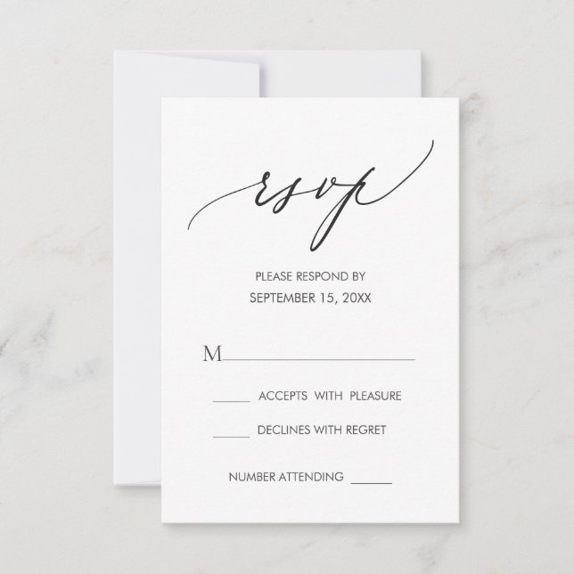 Simple Modern Calligraphy Black White Wedding RSVP Card (Front)