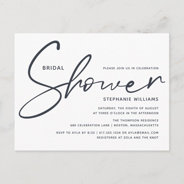 Simple Modern Calligraphy Bridal Shower Invitation Postcard (Front)