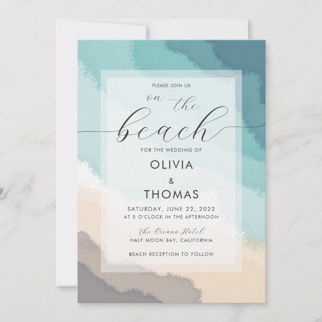 Simple Modern Calligraphy Coastal Beach Wedding Invitation (Front)