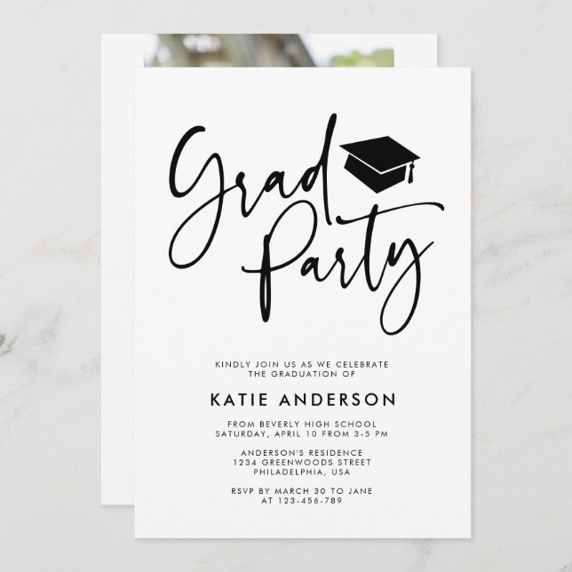 Simple Modern Calligraphy Grad Party Photo Invitation (Front/Back)