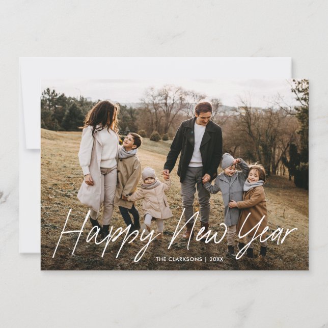 Simple Modern Calligraphy Happy New Year 2 Photo Holiday Card (Front)