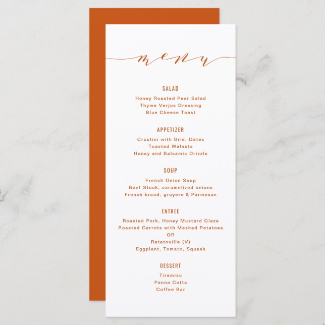 Simple Modern Calligraphy Orange Menu (Front/Back)