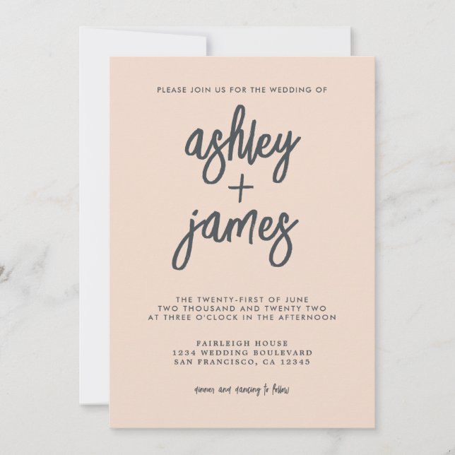 Simple Modern Calligraphy Peach Dust Pink Wedding Invitation (Front)
