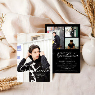 Simple Modern Calligraphy Photo Black Graduation  Invitation