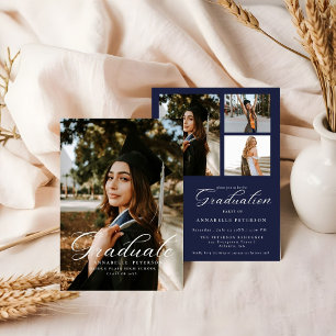 Simple Modern Calligraphy Photo Blue Graduation  Invitation