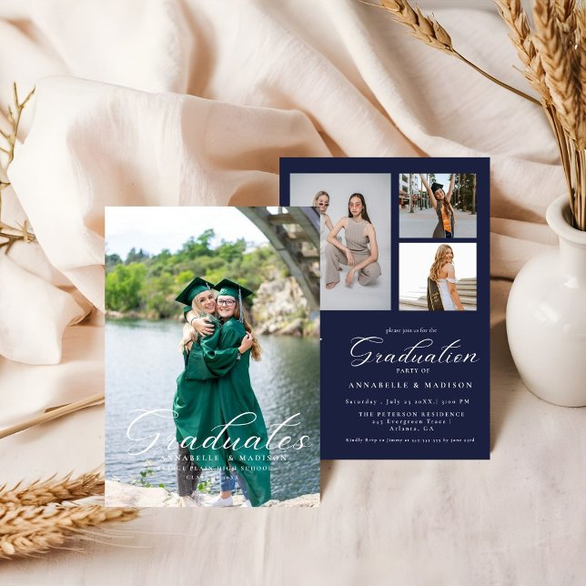 Simple Modern Calligraphy Photo Blue  Graduation Invitation (Creator Uploaded)