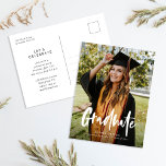 Simple Modern Calligraphy Photo Graduation Invitation Postcard<br><div class="desc">This graduation announcement features a large,  full front photo with modern calligraphy overlay and graduation party details on the back.</div>