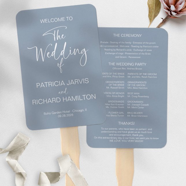 Simple Modern Calligraphy Wedding Program Hand Fan (Creator Uploaded)