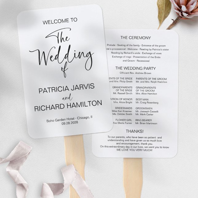 Simple Modern Calligraphy Wedding Program Hand Fan (Creator Uploaded)