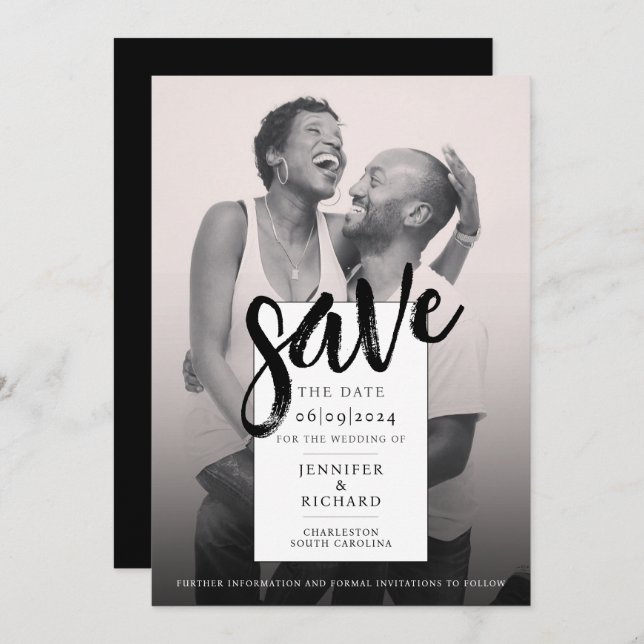 Simple Modern Chic Black And White Photo Wedding Save The Date (Front/Back)