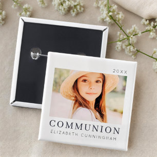 Simple Modern Chic Custom First Communion Photo 15 Cm Square Badge