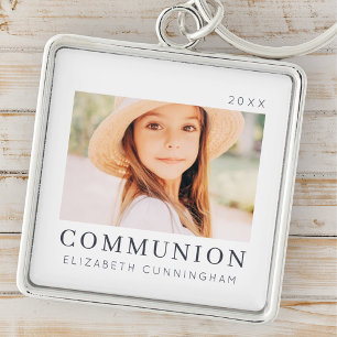 Simple Modern Chic Custom First Communion Photo Key Ring
