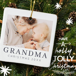 Simple Modern Chic Custom Grandma Photo Holiday Ceramic Ornament