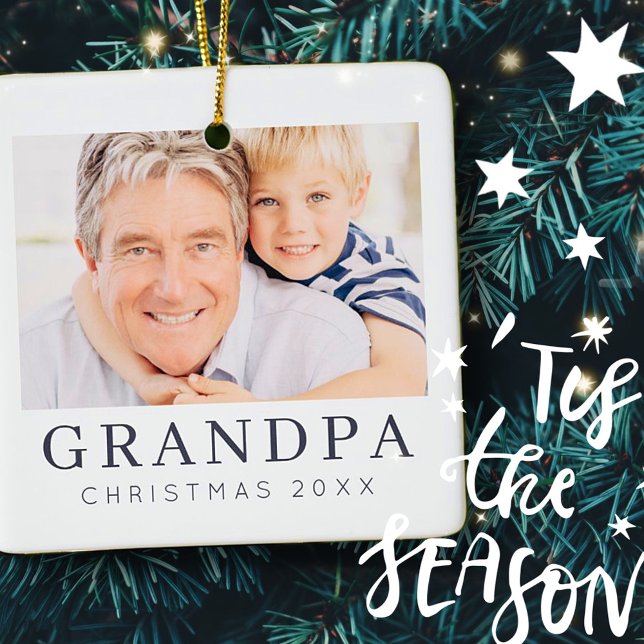 Simple Modern Chic Custom Grandpa Photo Holiday Ceramic Ornament (Creator Uploaded)