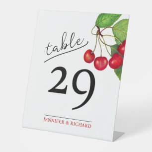 Simple Modern Chic Red Cherries Wedding Numbers Pedestal Sign