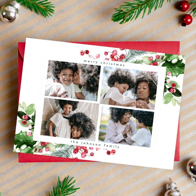 Simple Modern Christmas Collage 4 Greeting Photo Holiday Card (Creator Uploaded)