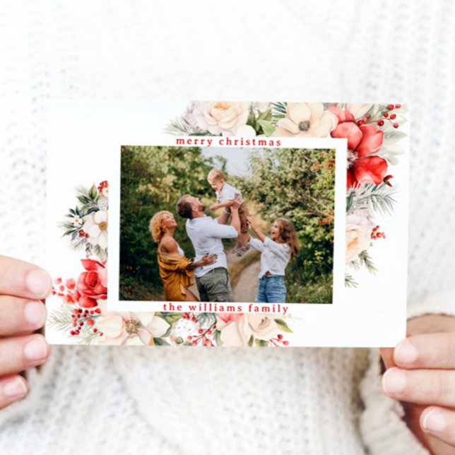 Simple Modern Christmas Flowers Greeting Photo  Holiday Card (Creator Uploaded)