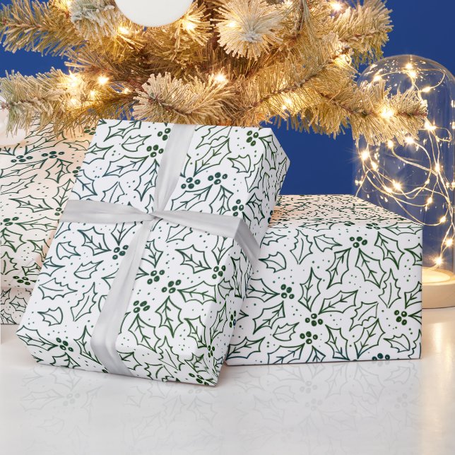 Simple Modern Christmas Green Holly Leaves Yule Wrapping Paper (Holidays)