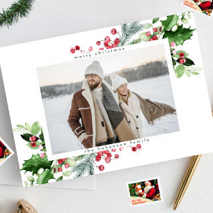 Simple Modern Christmas Green White One Photo Holiday Card