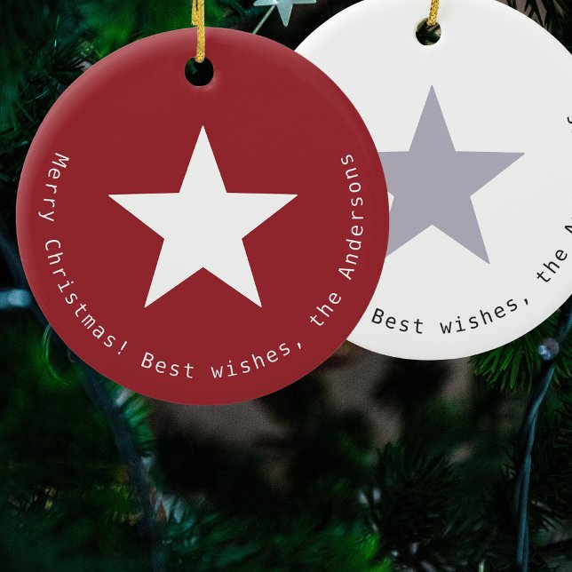 Simple Modern Christmas Star Custom Red White Ceramic Tree Decoration (A modern Christmas ornament with star design in a minimalist Scandi style, in red, white and lilac)